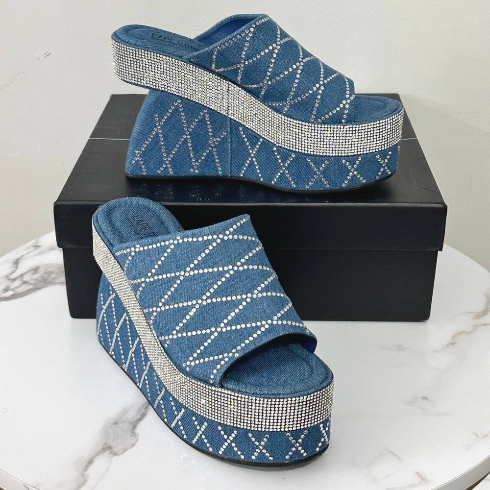 Cape Robbin Rhinestone Denim Jean Platform Wedge Slides Size 7 Y2K Bling